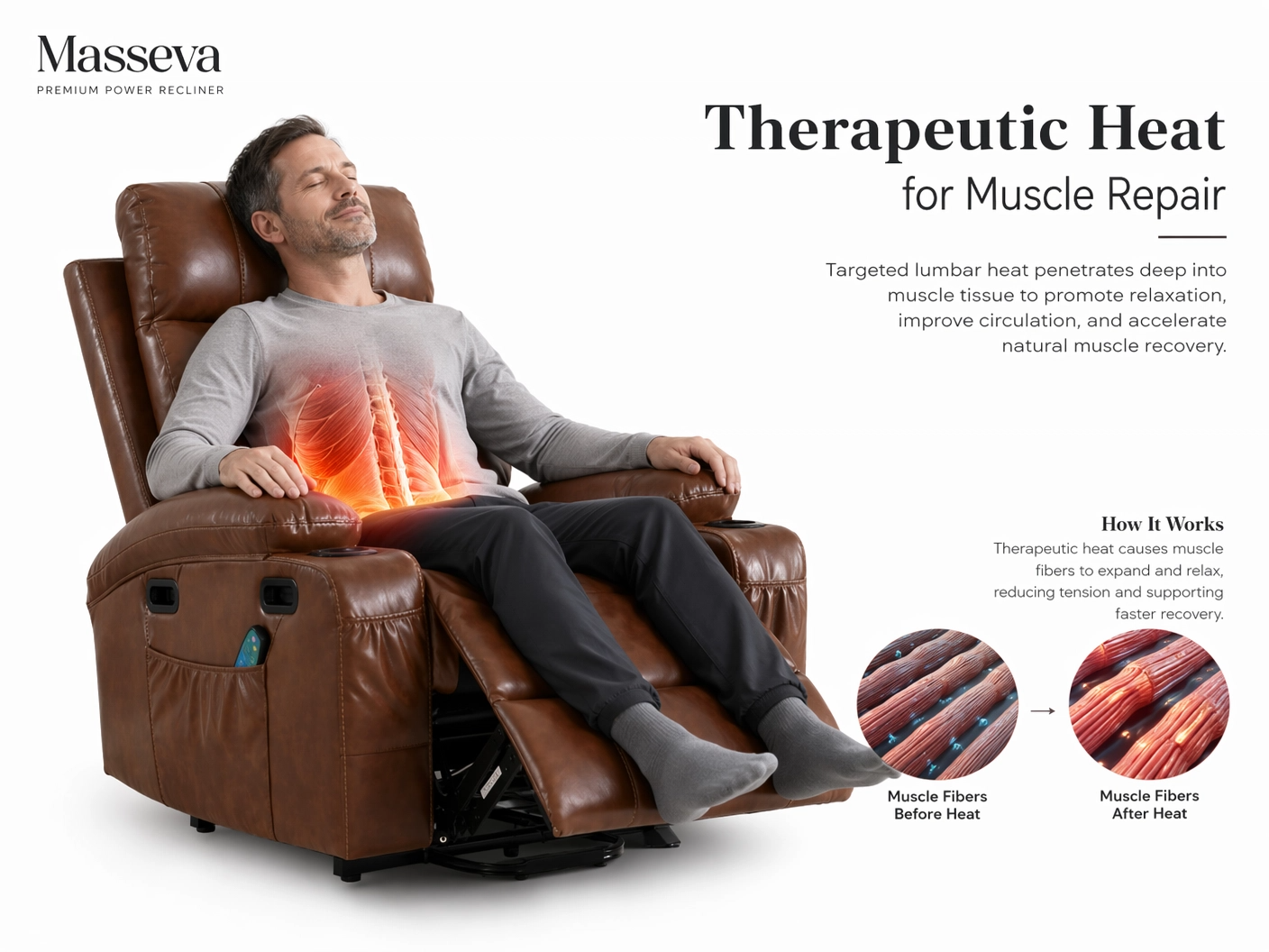 MASSEVA Sovereign Power Lift Recliner | 21-inch Wide Seat, 8-Point Vibration Massage & Wood Heating with Smart Timer